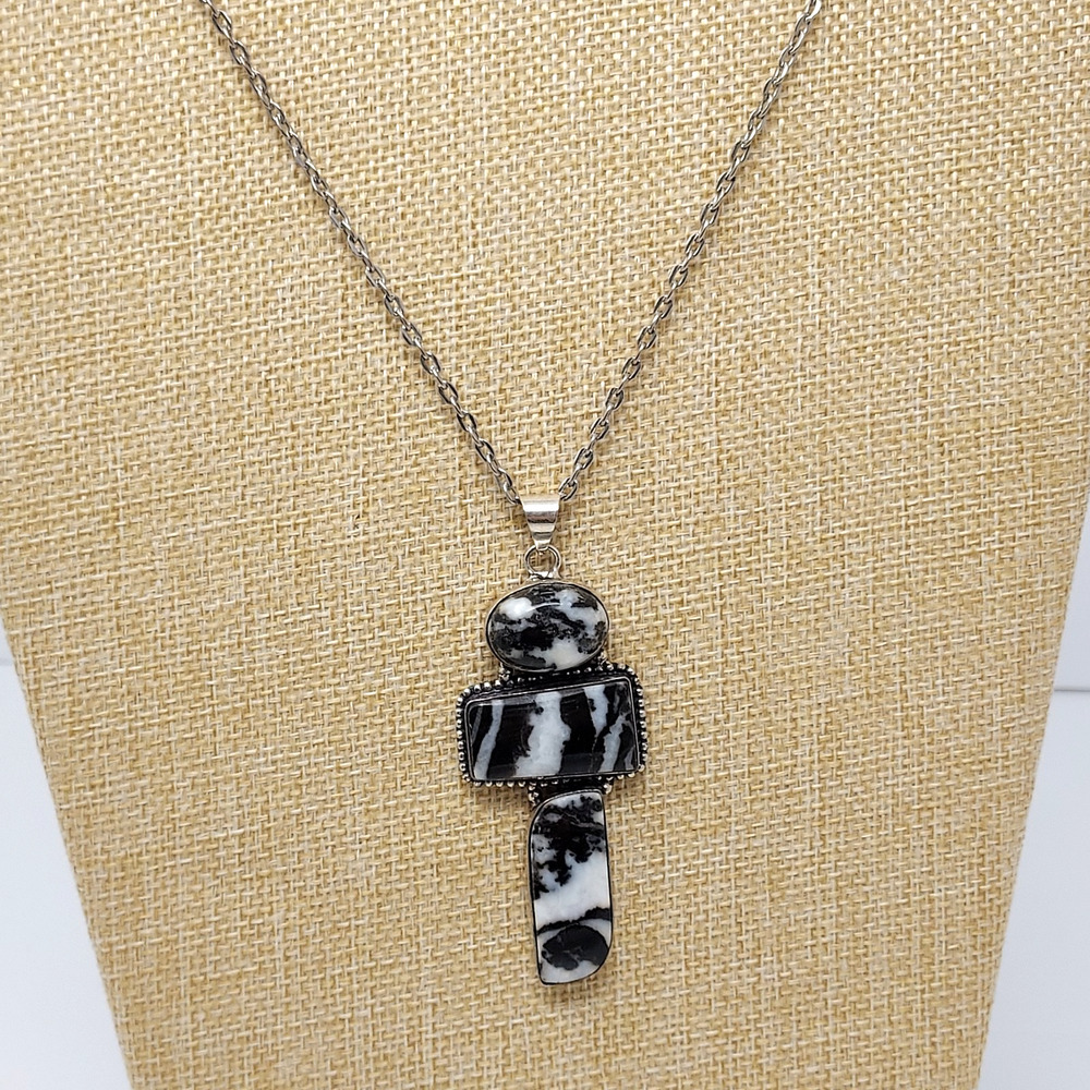 Triple Gemstone Pendant Necklace Zebra Jasper Silver Tone 17" Drop Boho